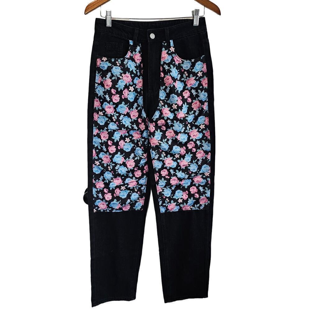Black Floral Jeans Womens Size 6 Denim Y2K High Rise Patchwork Retro Pink Blue